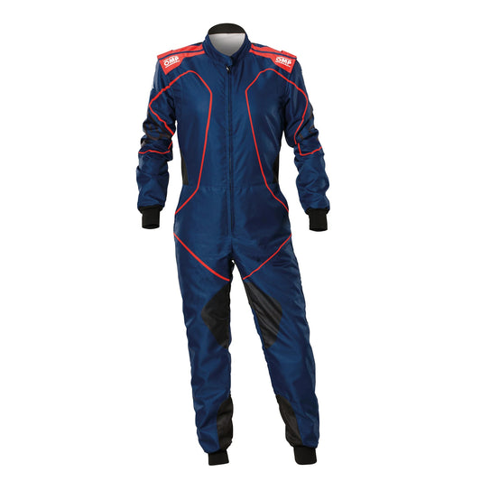 Front view of navy blue with red accents OMP KS-3X ART Style 2 FIA go-kart racing suit featuring aerodynamic shape and breathable lightweight construction