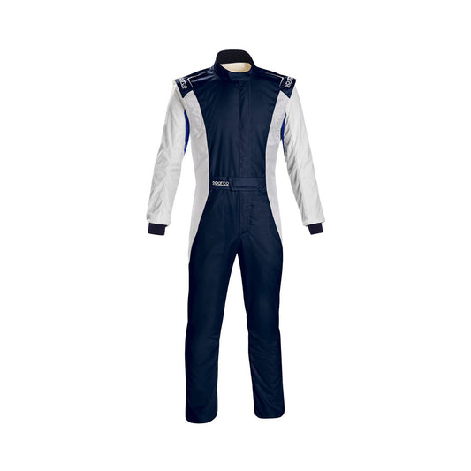A navy blue and white Sparco race suit with a fine collar and Velcro fastening.