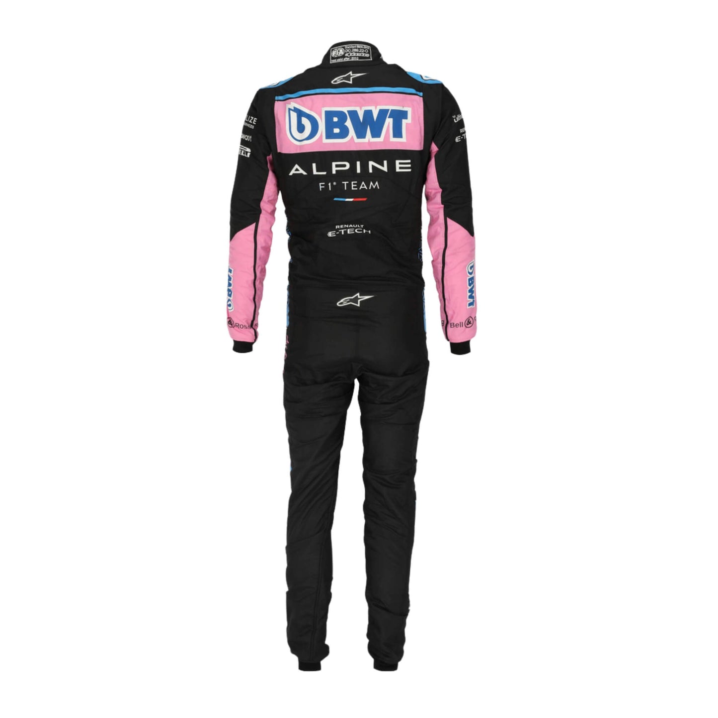 Rear view of Esteban Ocon 2022 F1 racing suit, focusing on breathable and flexible design.