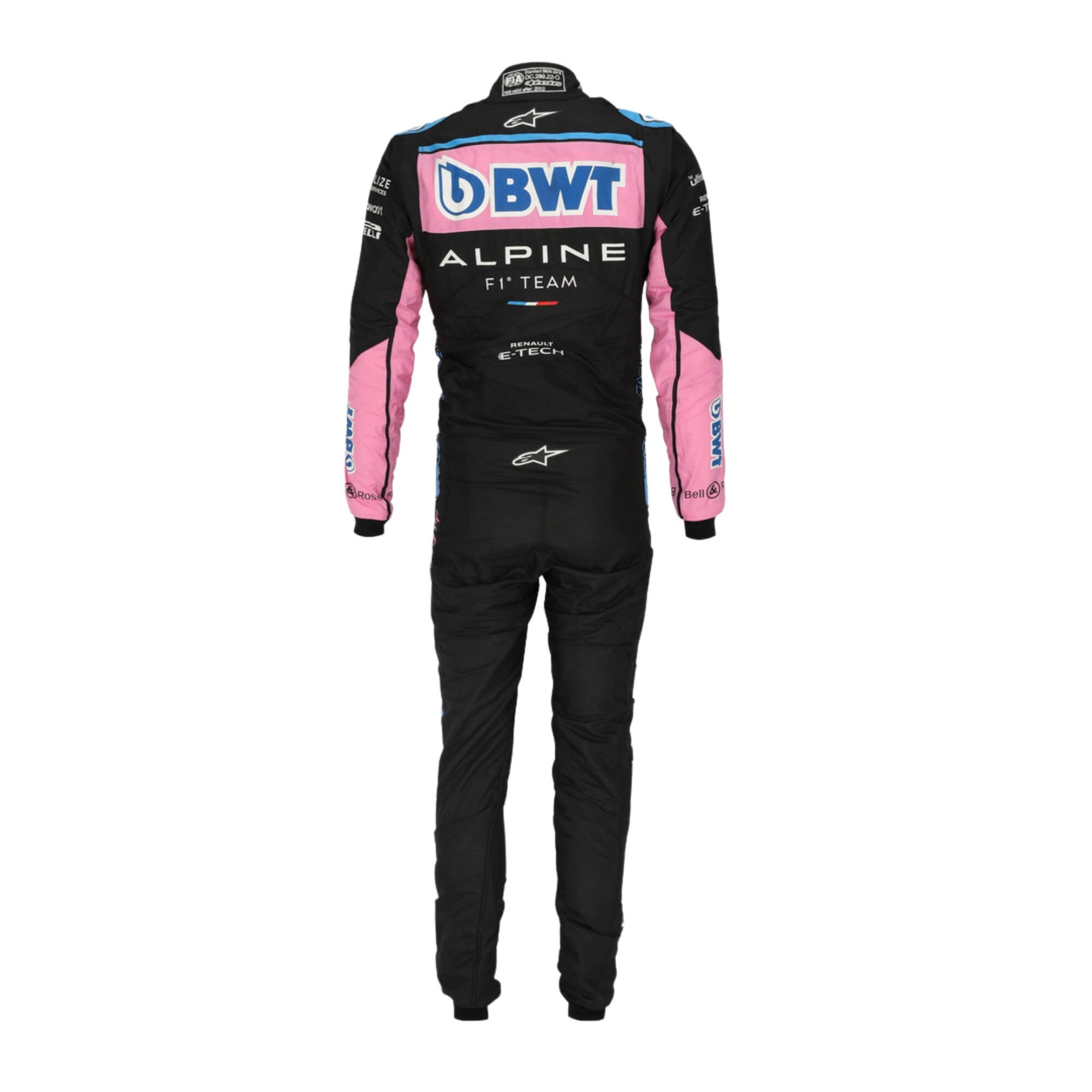 Rear view of Esteban Ocon 2022 F1 racing suit, focusing on breathable and flexible design.