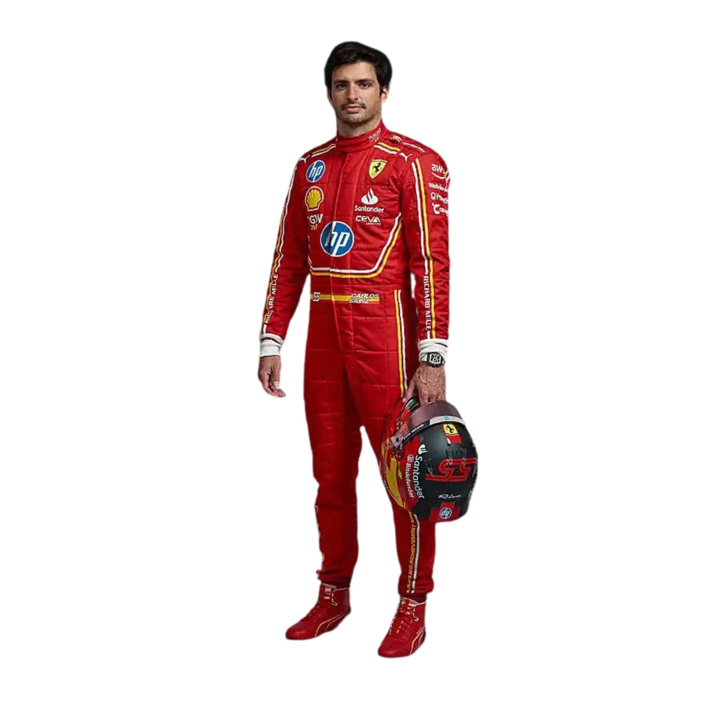 New 2024 Carlos Sainz Jr. Monaco GP Scuderia Ferrari F1 Team Racing Suit Front View, Red Design with Ferrari and Sponsor Logos, Embroidered Details