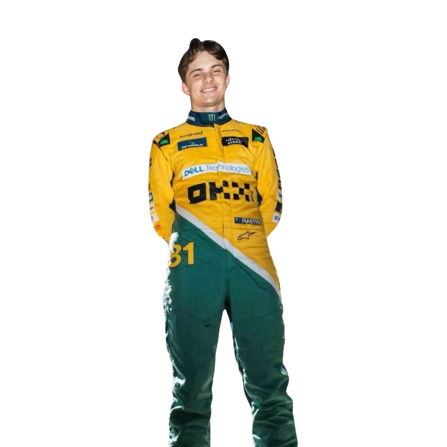 2024 New Oscar Piastri McLaren Monaco GP F1 Team Racing Suit Front View, Yellow and Black Design with McLaren, Sponsor Logos, and Embroidered Details