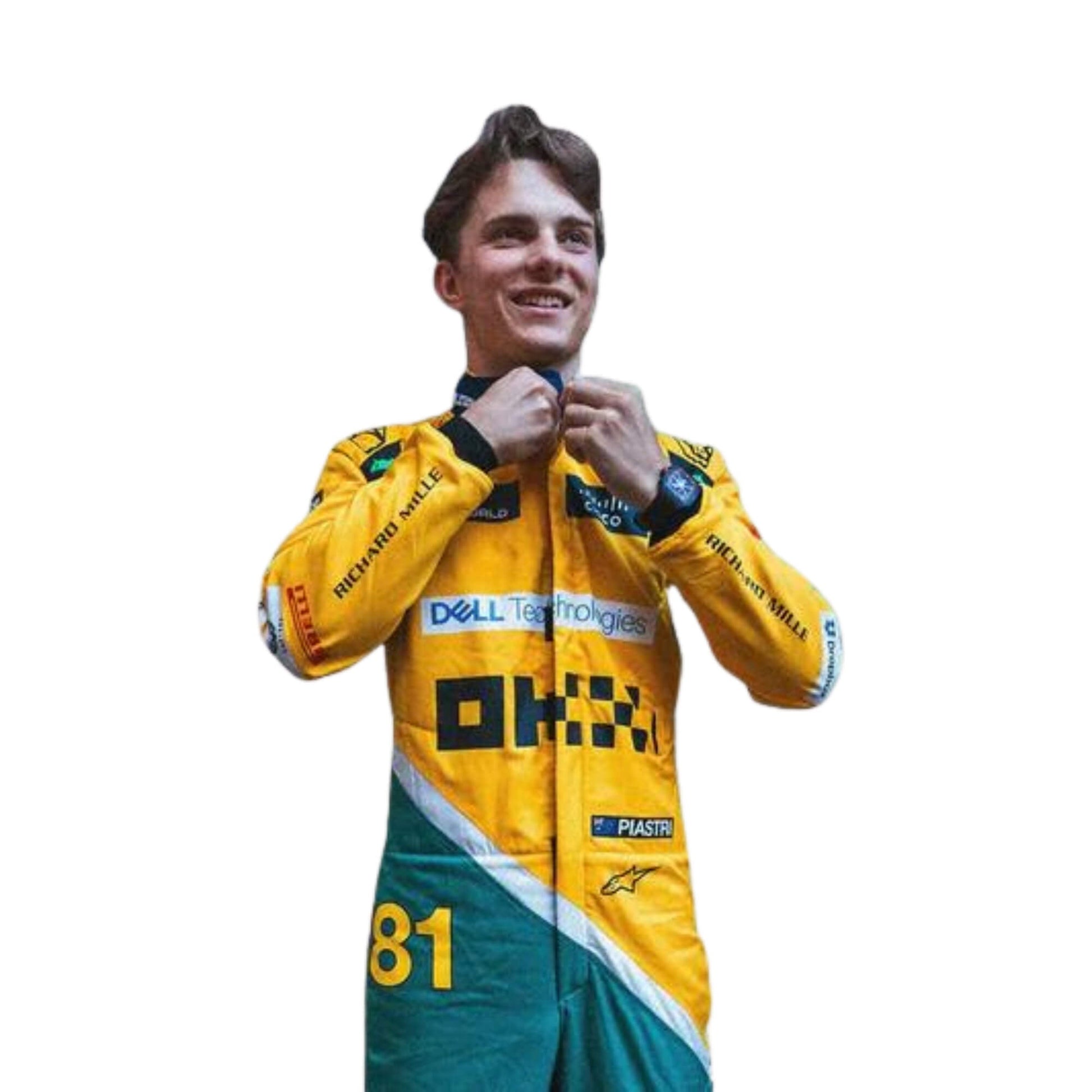 2024 New Oscar Piastri McLaren Monaco GP F1 Team Racing Suit Half Front View, Yellow Design with McLaren and Sponsor Logos, Embroidered Details