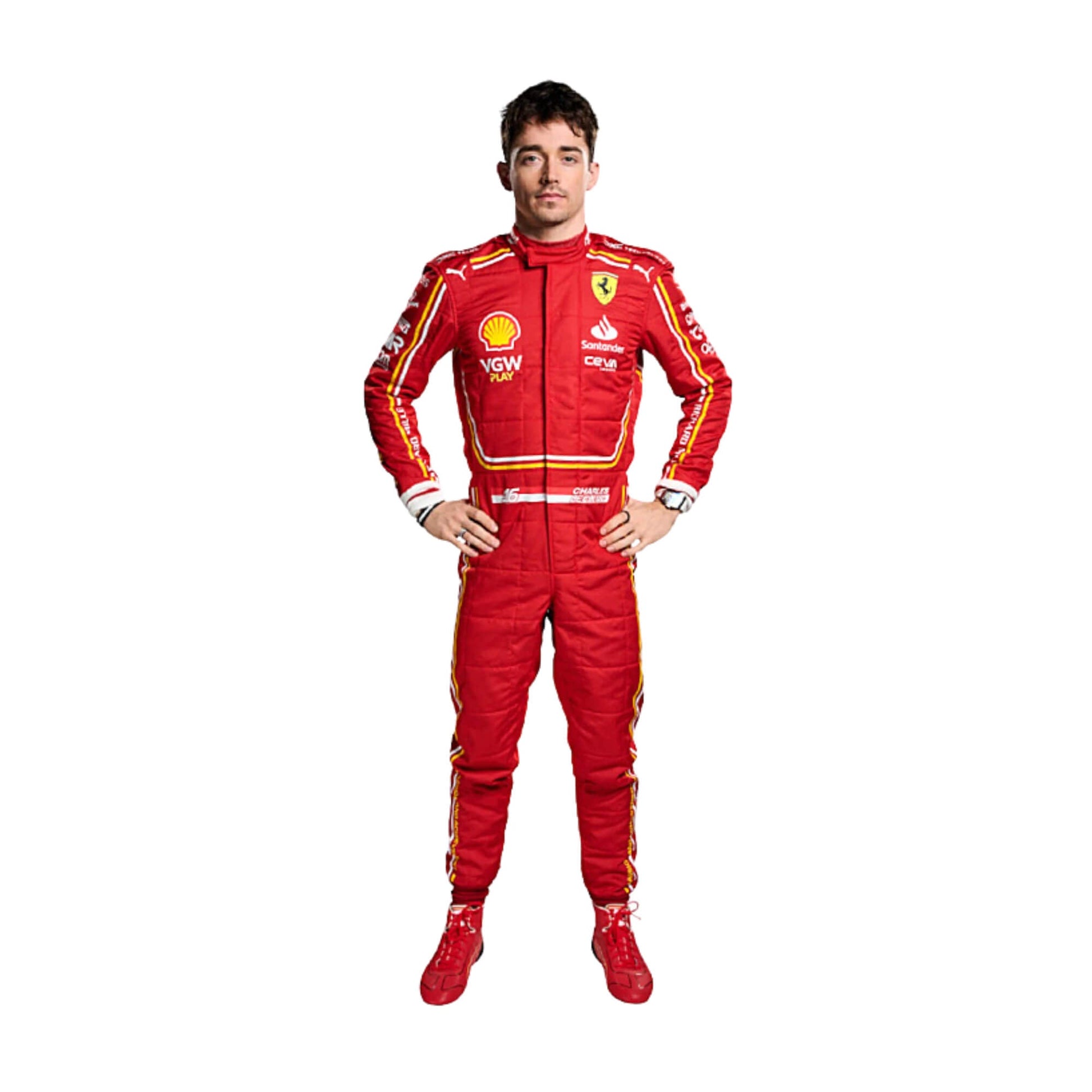 Charles Leclerc New 2024 Scuderia Ferrari F1 Team Racing Suit Front View, Red Design with Ferrari and Sponsor Logos, Embroidered Branding