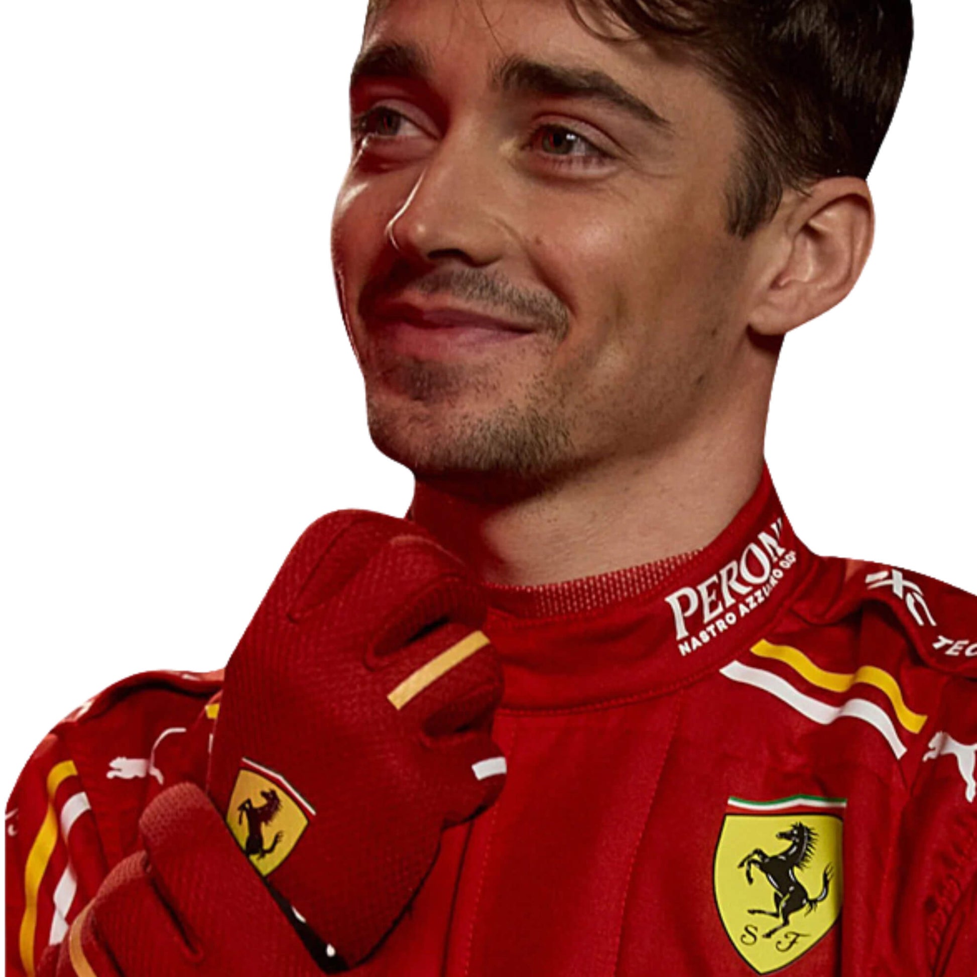 Charles Leclerc New 2024 Scuderia Ferrari F1 Team Racing Suit Half Front View, Featuring Ferrari Logo and Sponsor Embroidered Details