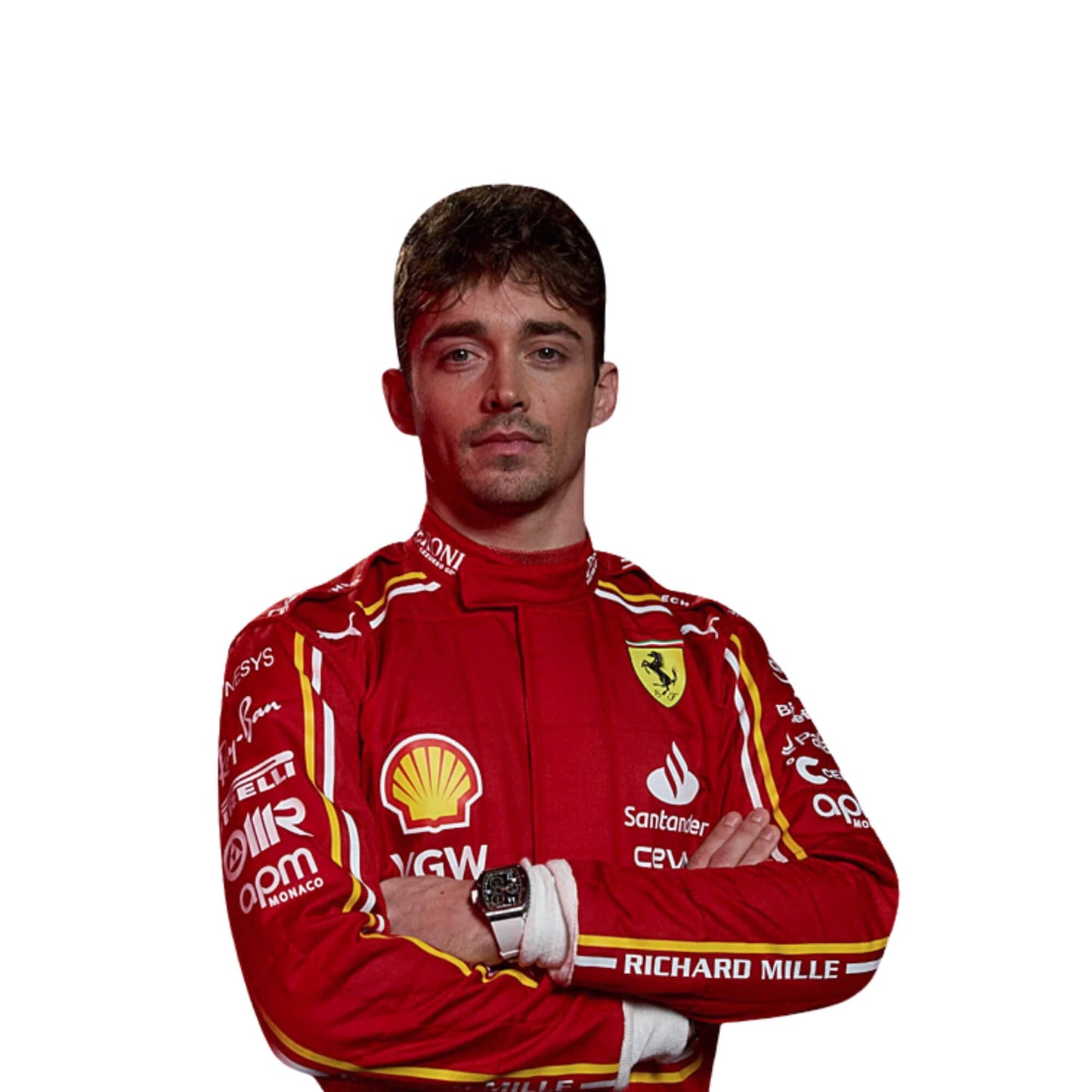 Charles Leclerc New 2024 Scuderia Ferrari F1 Team Racing Suit Half Front View, Featuring Ferrari Logo and Sponsor Embroidered Details