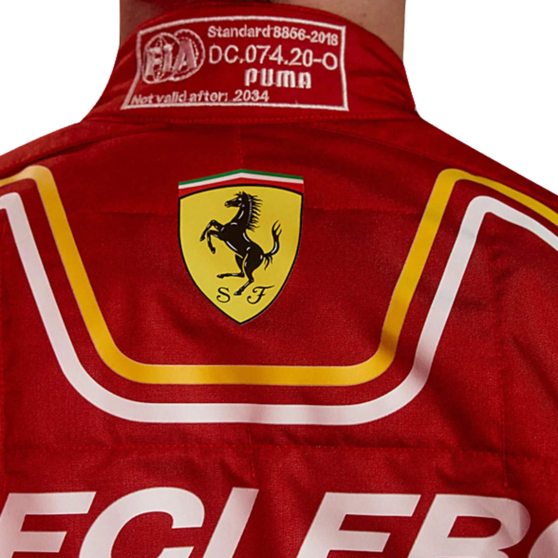 Charles Leclerc New 2024 Scuderia Ferrari F1 Team Racing Suit Half Back View, Red Ferrari Design with Embroidered Sponsor Logos