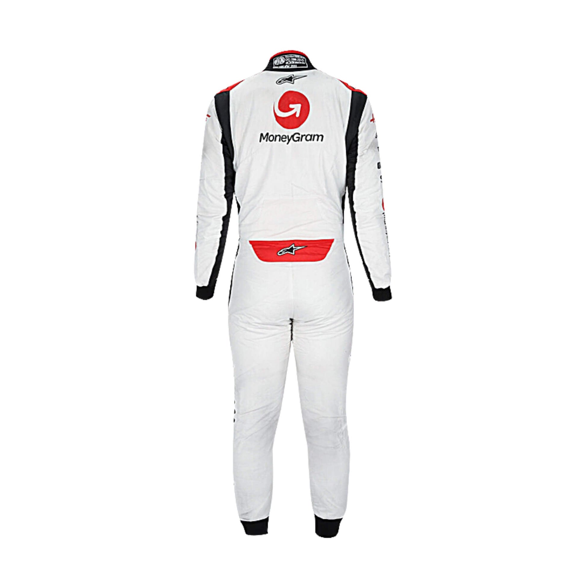 Back view of Kevin Magnussen 2023 F1 racing suit displaying precision stitching, flexible fabric, and a streamlined, racer-ready design in black, white, and red.