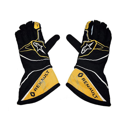 Pair of black and yellow Nico Hulkenberg 2018 F1 racing gloves with Renault logo on a white background
