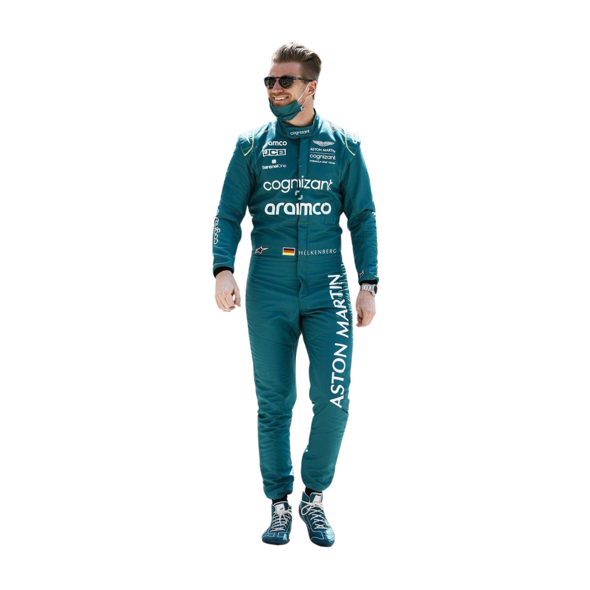 Front view of Nico Hülkenberg's 2022 Saudi Arabian GP F1 racing suit in British racing green with lime accents, highlighting the ergonomic design