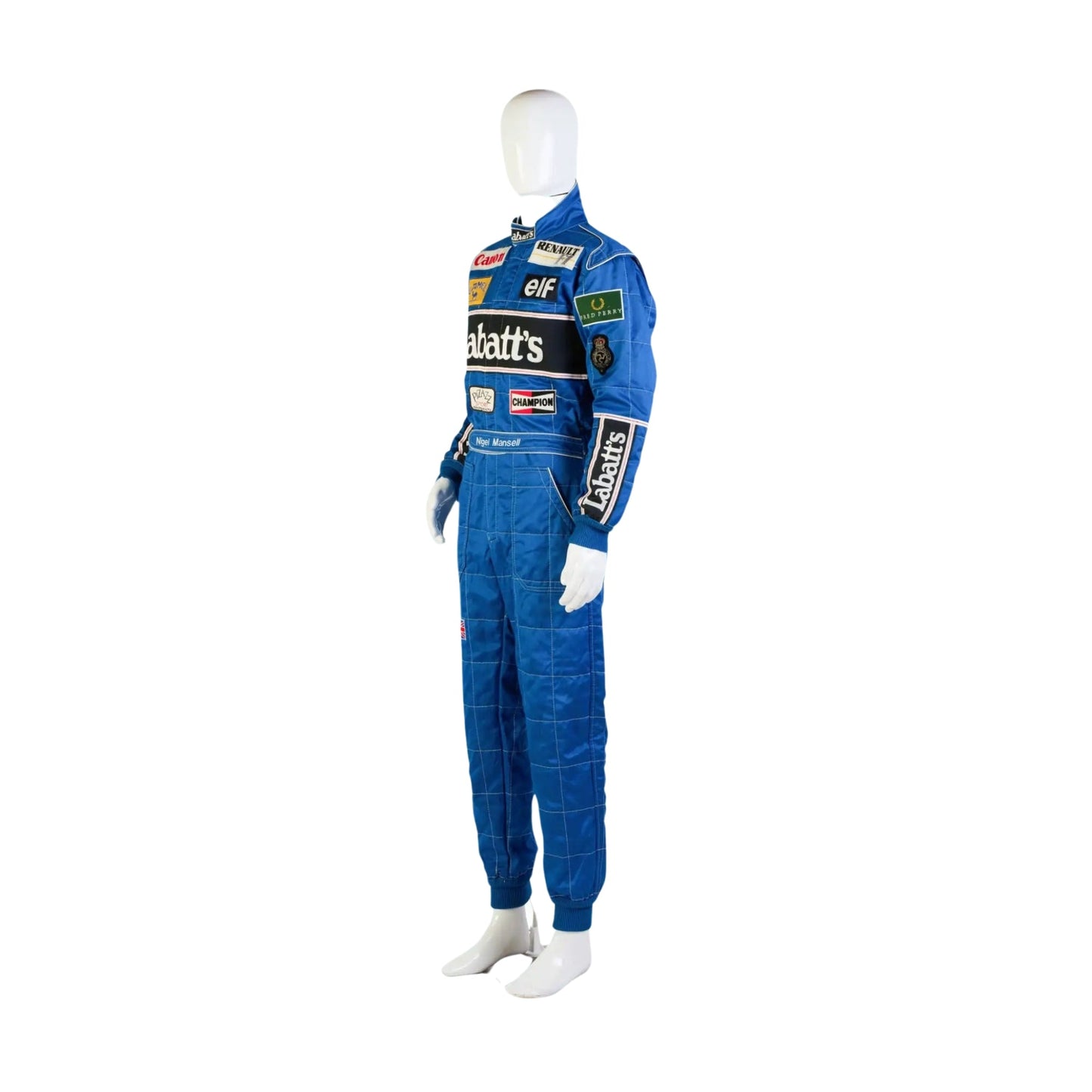 1992 Nigel Mansell F1 Replica Race Suit Right Side View, Red Suit with Embroidered Patches and Sponsor Logos