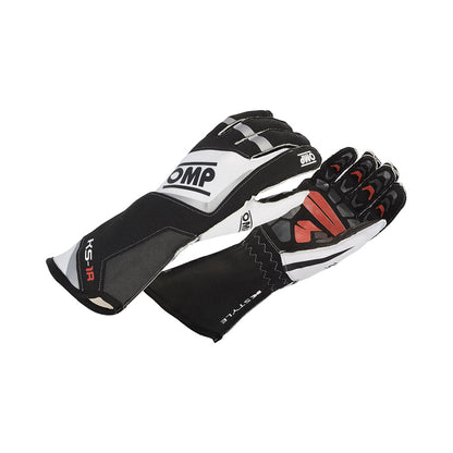 Pair of black, white, and red OMP KS-1R Driver Racing gloves with visible branding on a white background