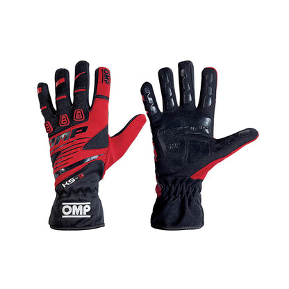 Black and red OMP KS-3 Kart racing gloves with OMP branding on a white background