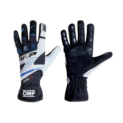 Pair of black and white OMP KS-3 Kart racing gloves with OMP branding on a white background