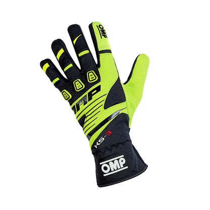 Black and yellow OMP KS-3 Kart racing glove with OMP branding on a white background