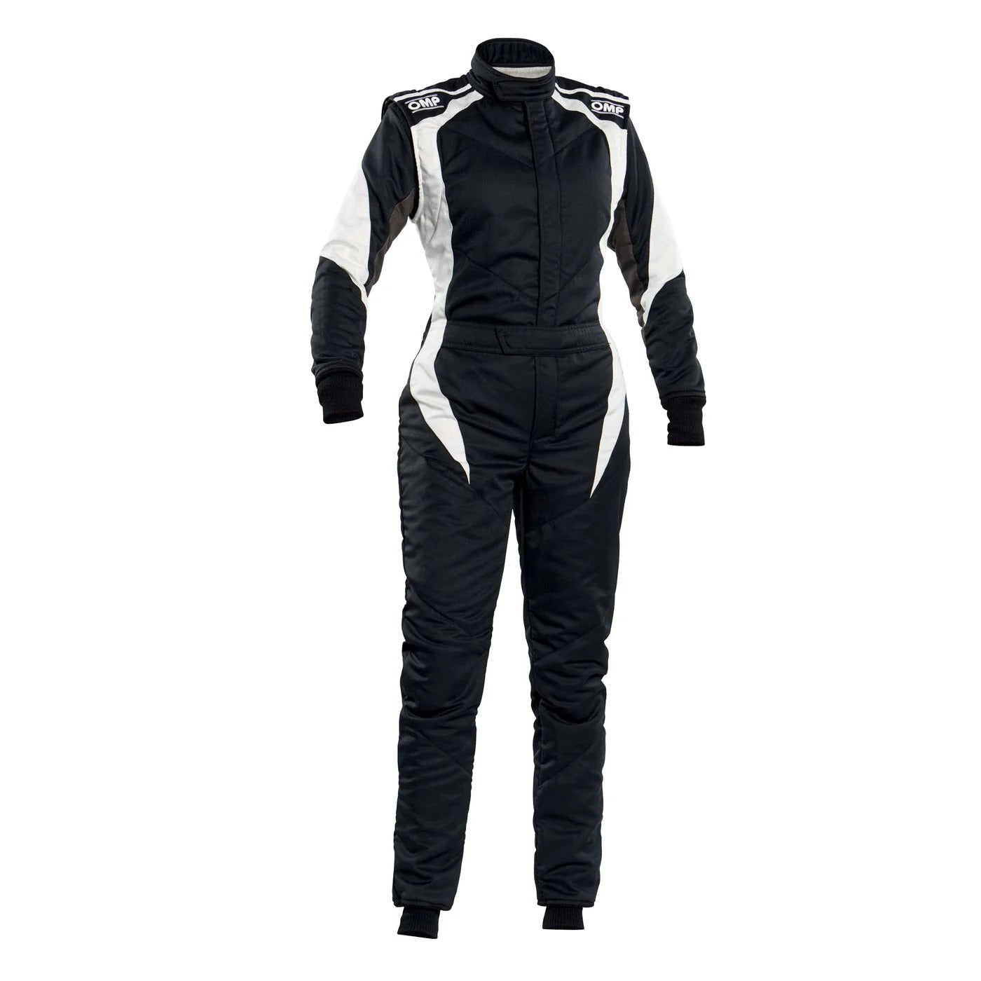 Front view of OMP FIRST ELLE women’s kart racing suit in black and white with lightweight design and precision female cut