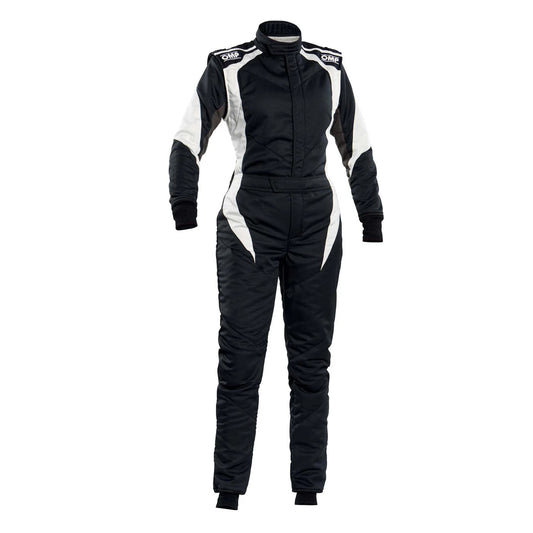 Front view of OMP FIRST ELLE women’s kart racing suit in black and white with lightweight design and precision female cut