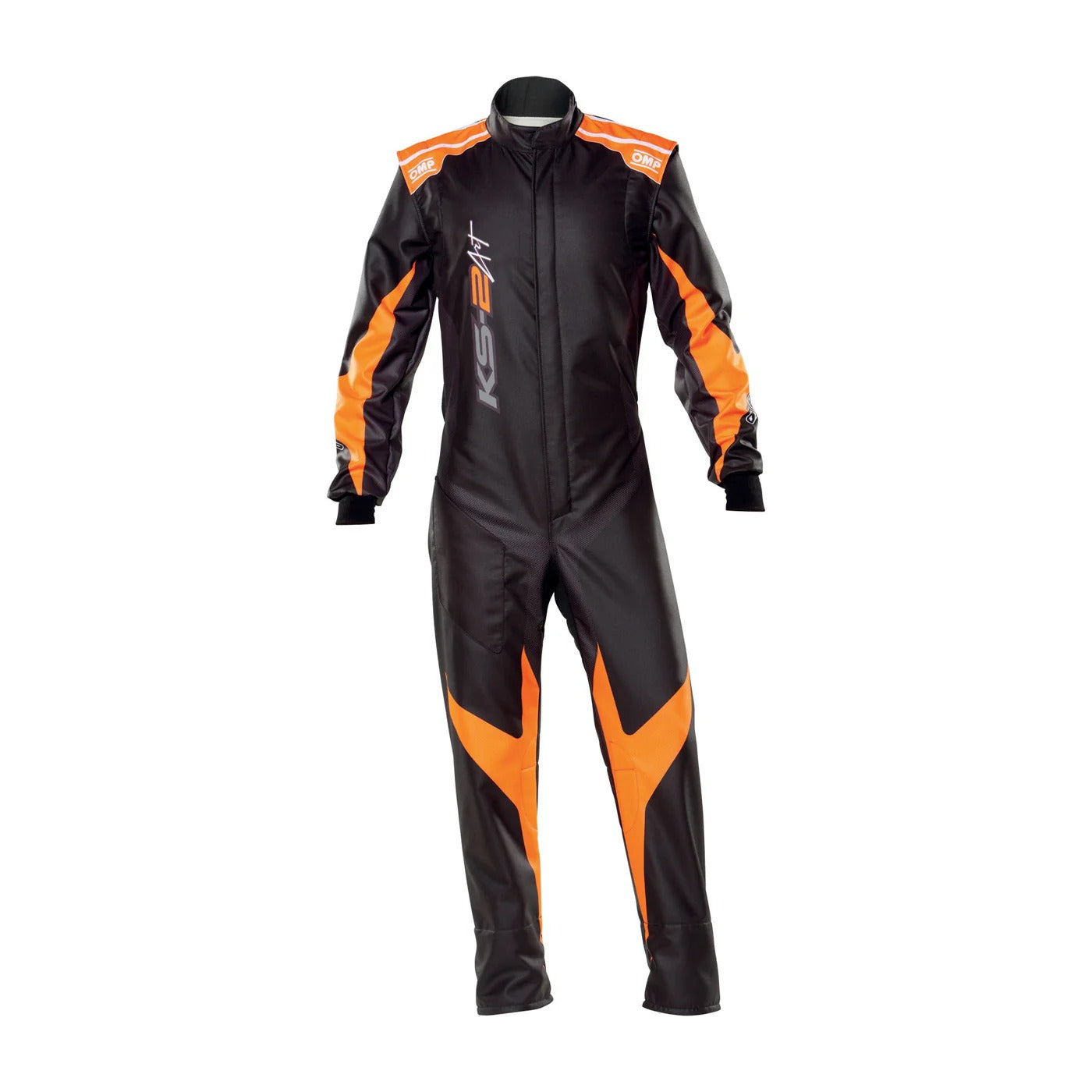 Front view of OMP KS-2 ART black and orange karting race suit featuring bold orange accents, ergonomic cut, and lightweight racing material.