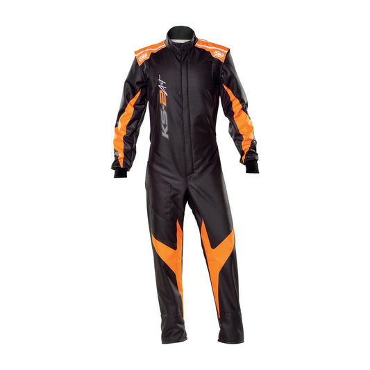 Front view of OMP KS-2 ART black and orange karting race suit featuring bold orange accents, ergonomic cut, and lightweight racing material.
