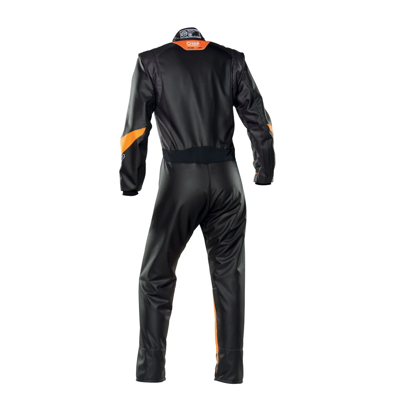 Back view of OMP KS-2 ART black and orange karting race suit showing stretch comfort zones, reinforced seams, and professional racer fit.