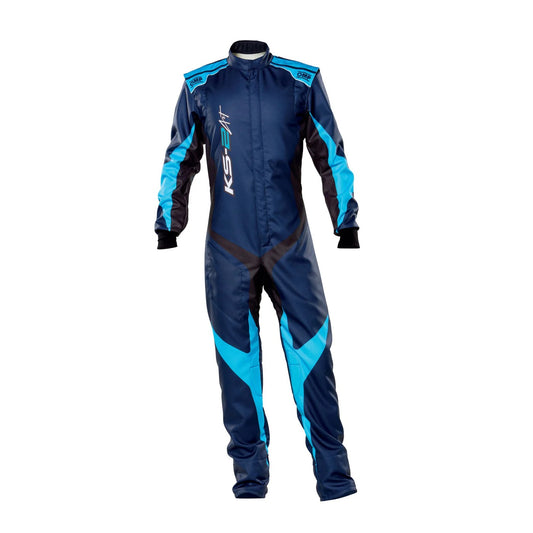 Front view of OMP KS-2 ART navy blue karting race suit with dark blue finish, aerodynamic fit, and premium karting performance design.