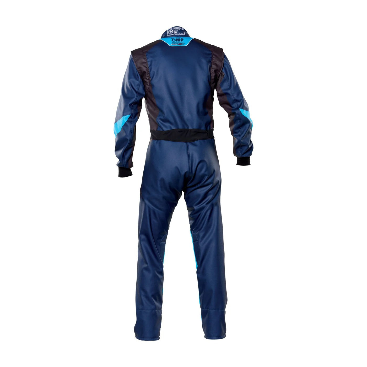 Back view of OMP KS-2 ART navy blue with black accents karting race suit showing reinforced stitching, comfort padding, and racer-tailored fit.