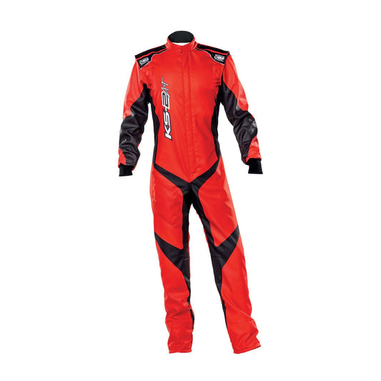 Front view of OMP KS-2 ART red and black karting race suit featuring a bright red design, advanced lightweight material, and ergonomic racer fit.