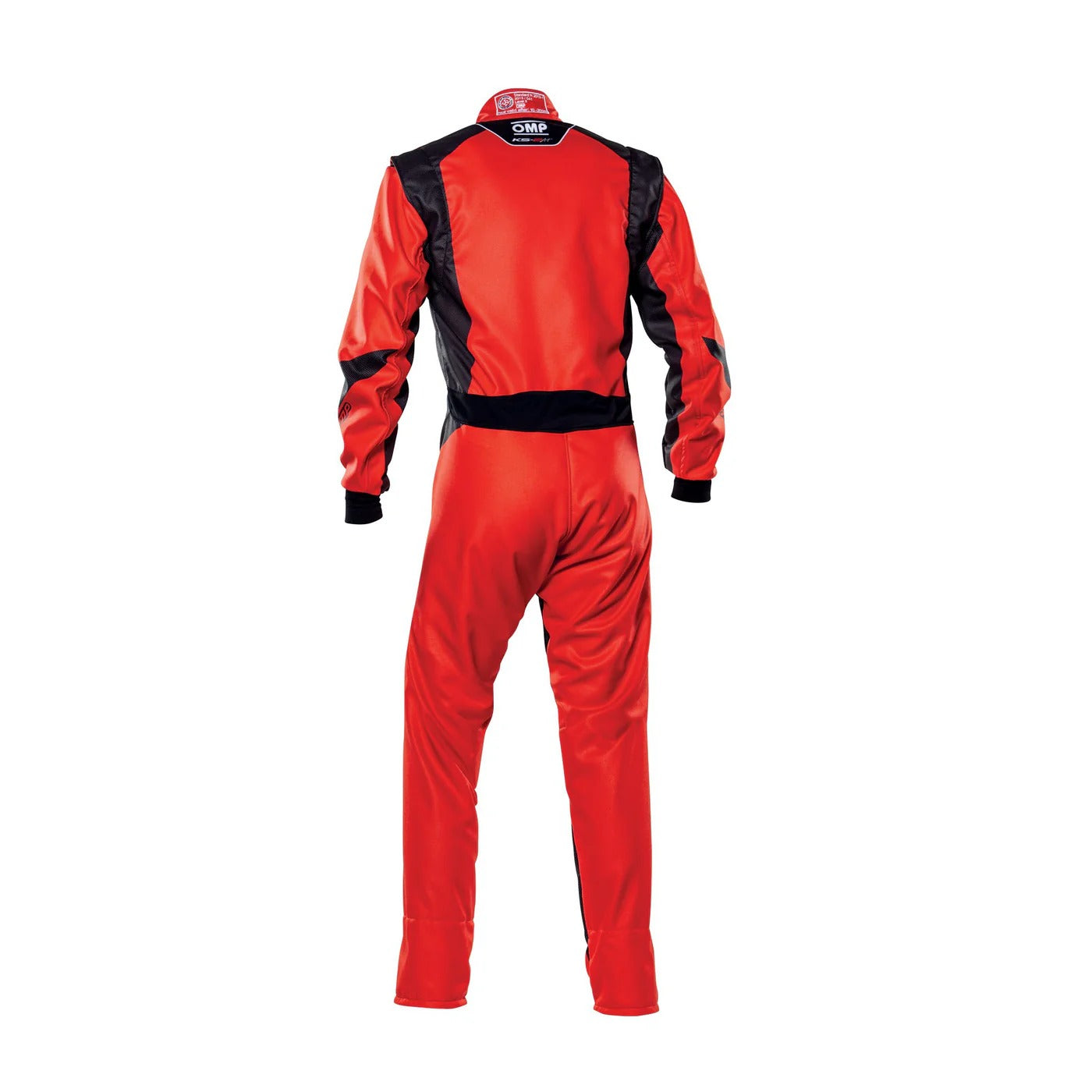 Back view of OMP KS-2 ART red with black accents karting race suit showing durable stitching, stretch panels, and professional karting design.