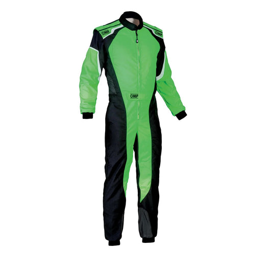 Front view of OMP KS-3 fluo green and black go-kart racing suit featuring vibrant green panels, ergonomic fit, and lightweight racing design.
