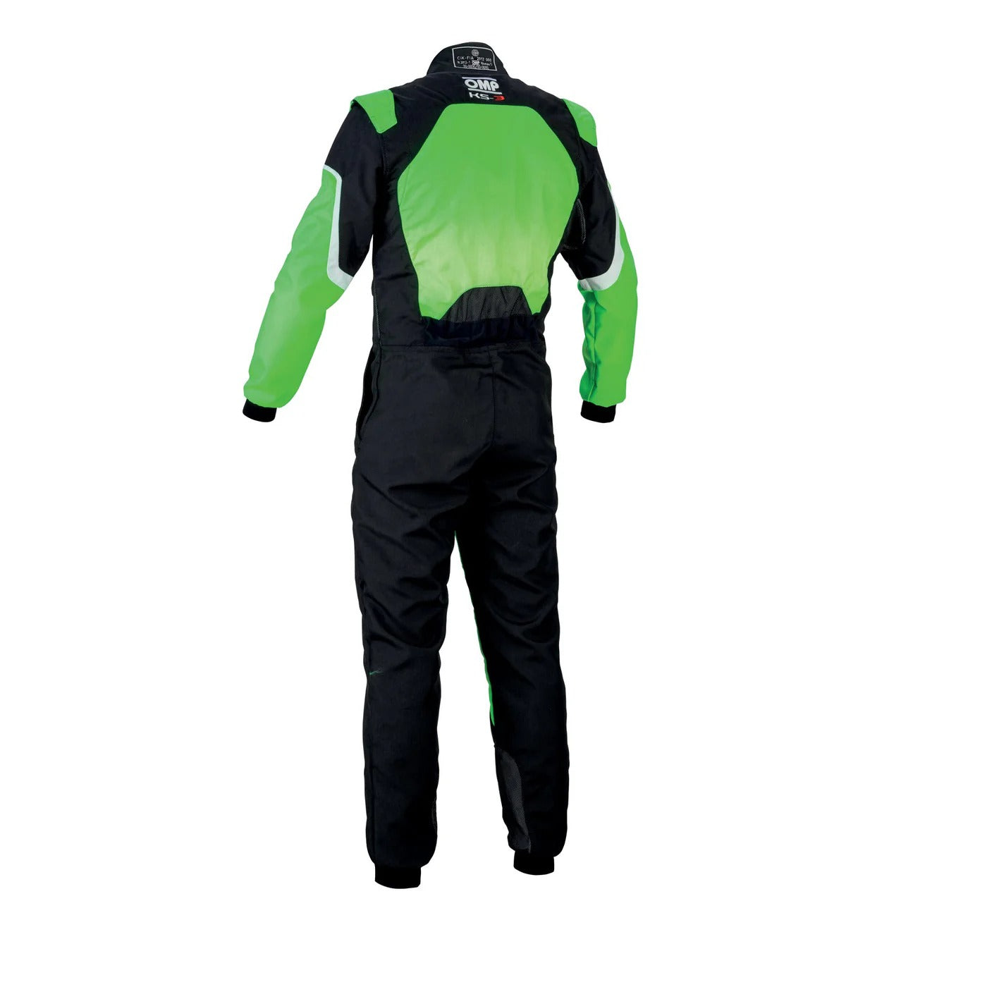 Back view of OMP KS-3 fluo green and black go-kart racing suit showing reinforced stitching, stretch zones, and aerodynamic styling.