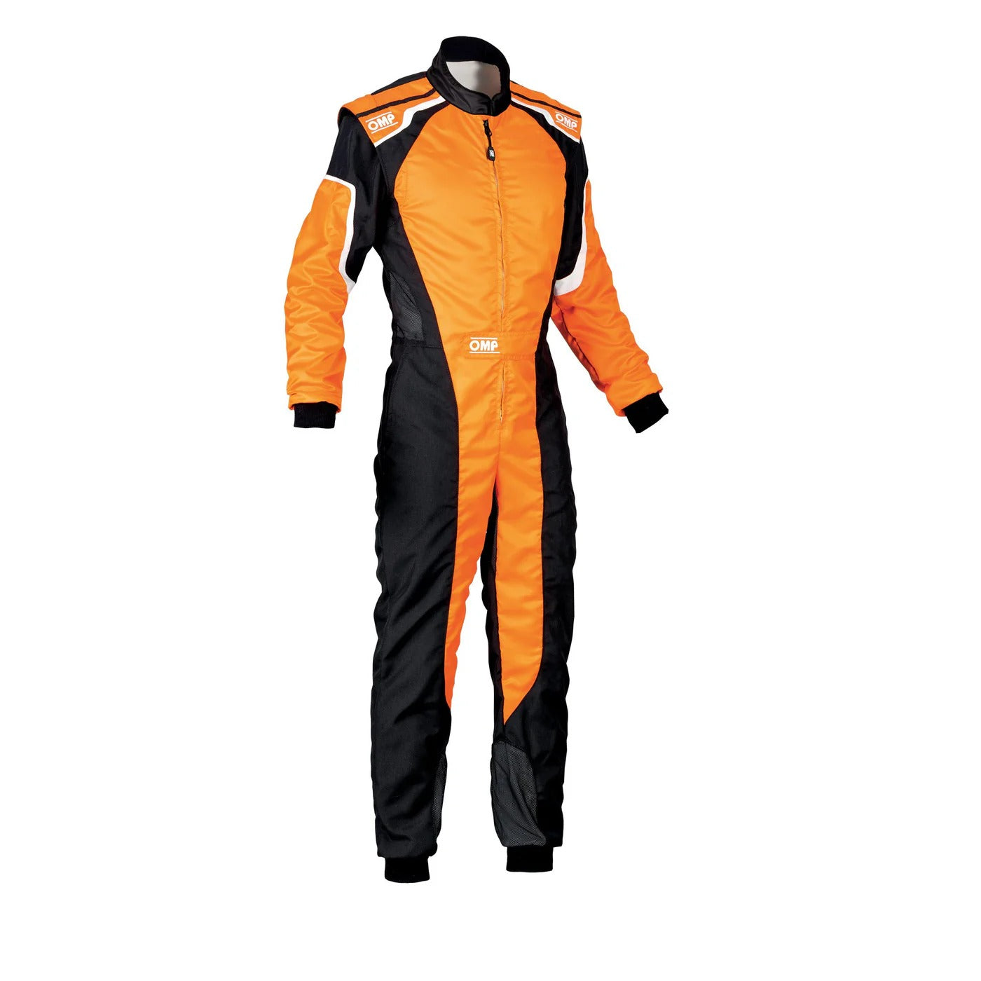Front view of OMP KS-3 fluo orange and black go-kart racing suit with high-visibility orange accents and professional racing design.