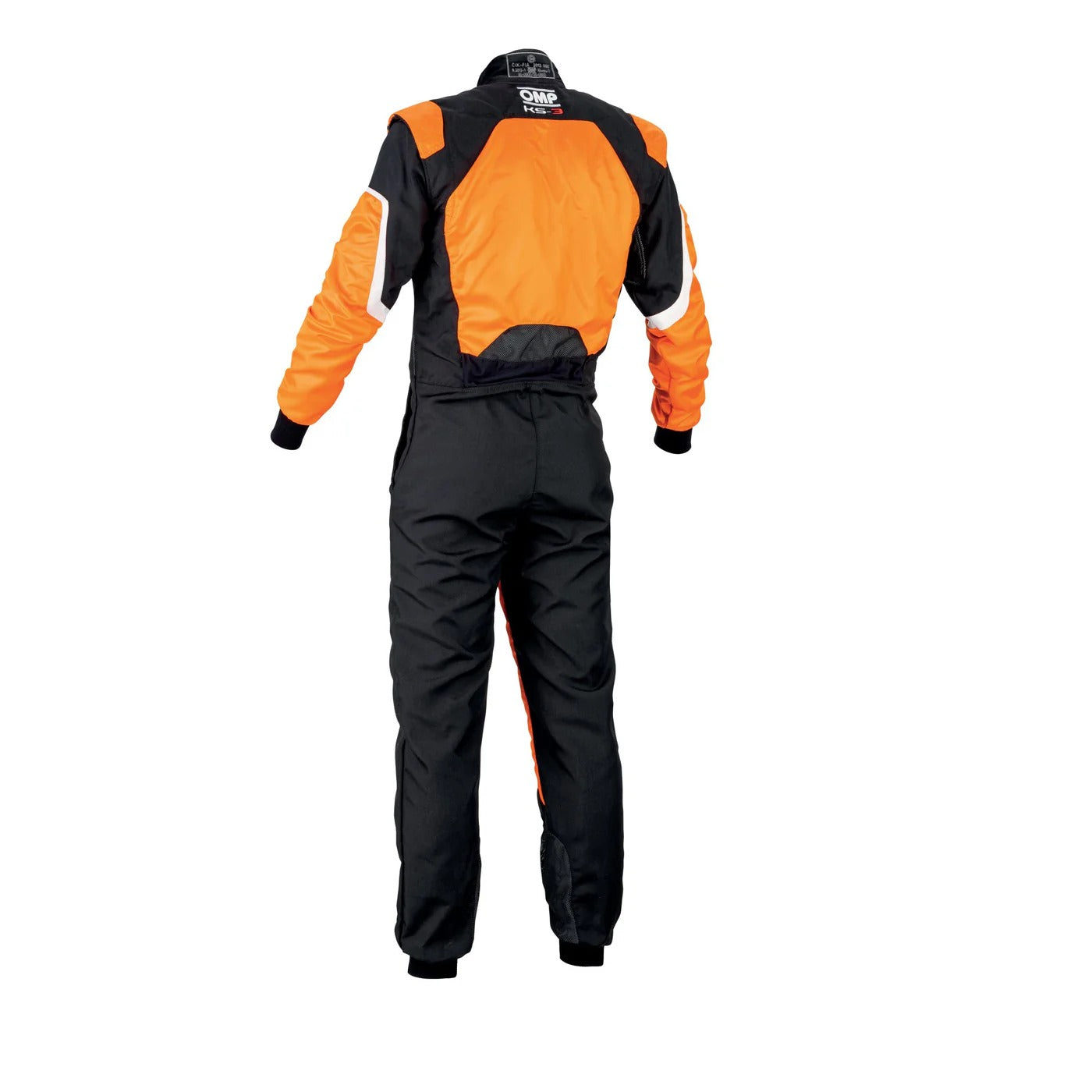 Back view of OMP KS-3 fluo orange and black go-kart racing suit showing reinforced seams, stretch zones, and comfort padding.