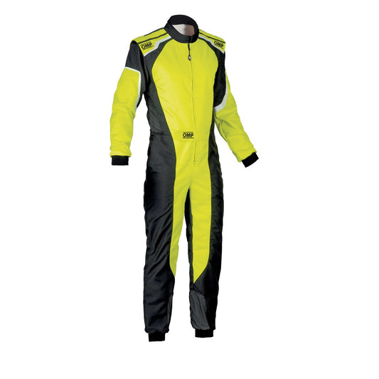 Front view of OMP KS-3 fluo yellow and black go-kart racing suit with bright yellow accents, modern styling, and high-performance karting fit.