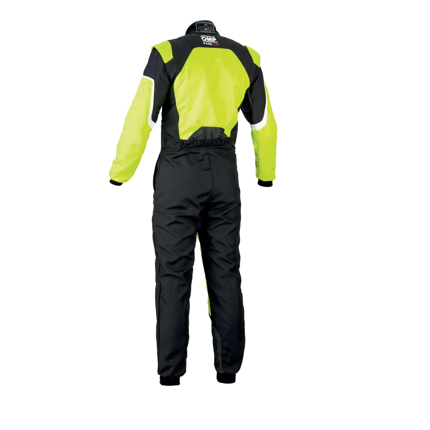 Back view of OMP KS-3 fluo yellow and black go-kart racing suit showing padded comfort zones, reinforced seams, and sleek racer design.