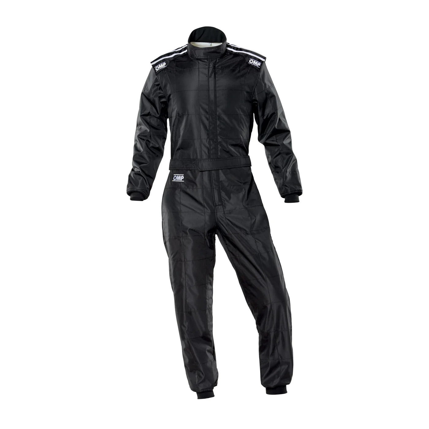 Front view of OMP KS-4 black kart racing suit featuring modern styling, lightweight design, and ergonomic racer fit.