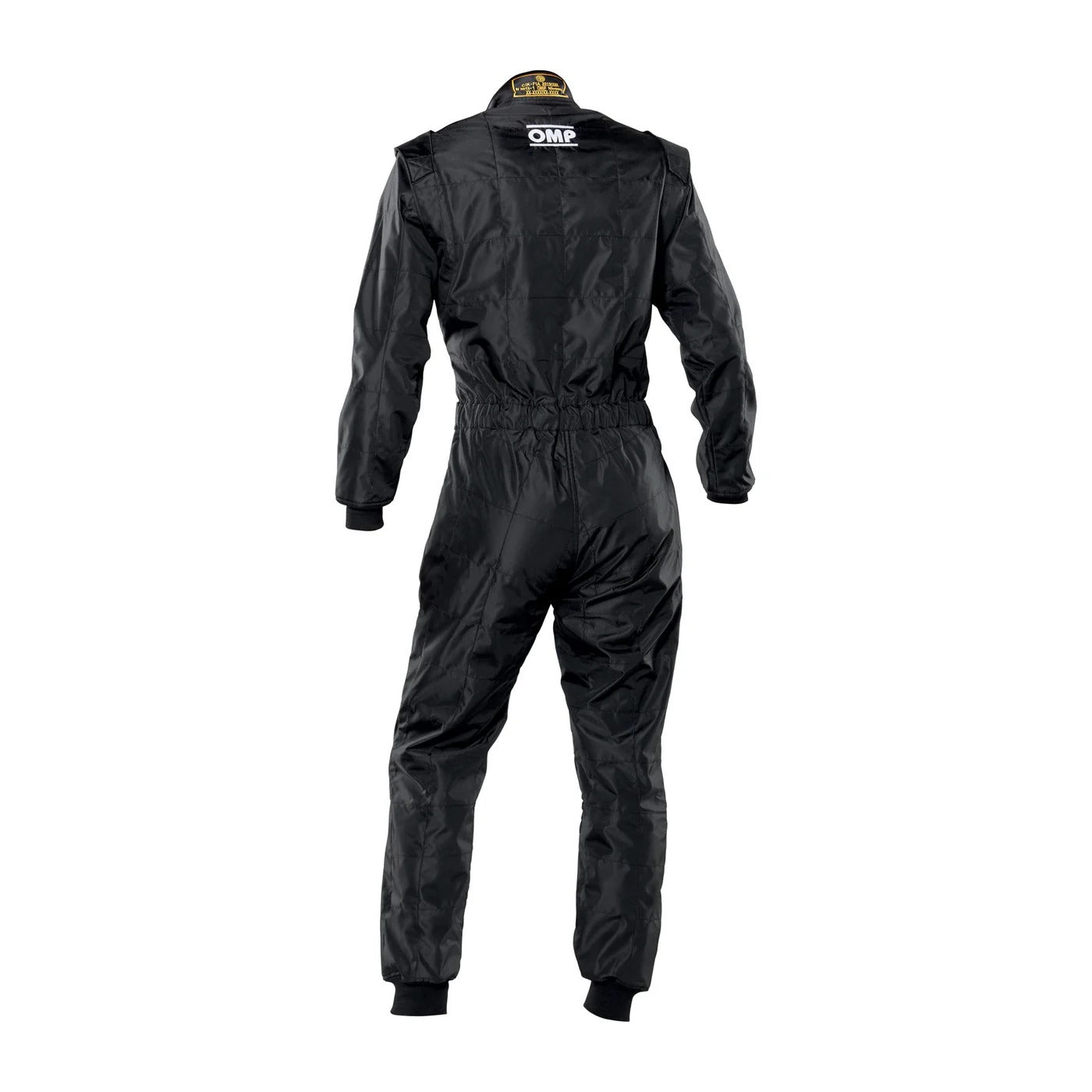 Back view of OMP KS-4 black kart racing suit showing padded comfort zones, reinforced stitching, and sleek racing appearance.