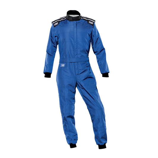 Front view of OMP KS-4 blue kart racing suit with bold blue finish, ergonomic fit, and lightweight go-kart construction.