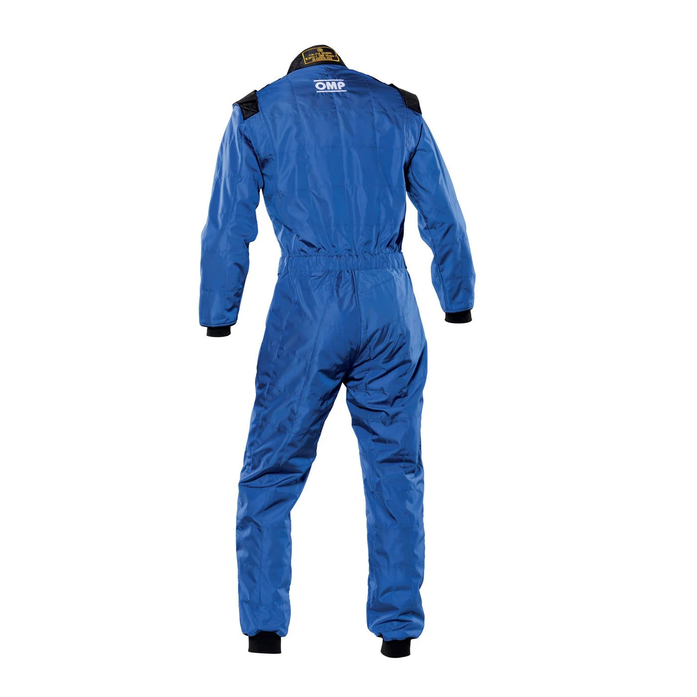 Back view of OMP KS-4 blue kart racing suit showing reinforced seams, flexible panels, and racer-style tailoring.