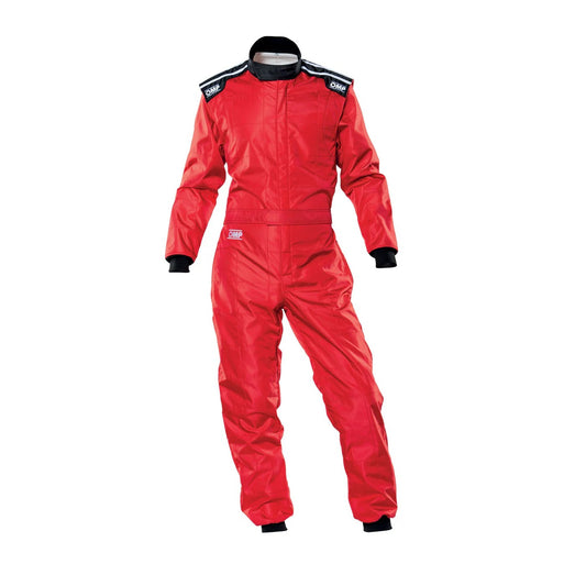 Front view of OMP KS-4 red kart racing suit designed for go-kart drivers with vibrant red color, lightweight fabric, and professional fit.