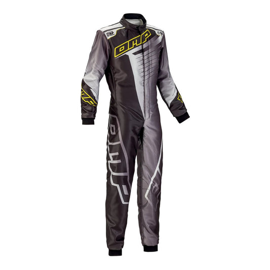 Front view of OMP KS 1-R black and gray kart race with yellow and white branding suit featuring modern dual-tone finish and high-performance material