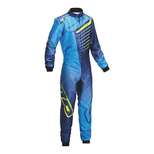 Front view of blue with yellow accents OMP KS 1-R kart race suit with high ventilation panels and precision-fit structure for optimal karting comfort