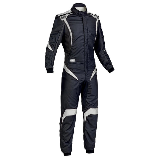 Black and gray racing suit with white accents featuring a sleek black finish, lightweight material, and ergonomic racer fit.