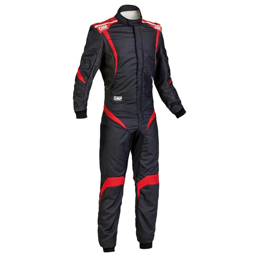 Front view of OMP ONE-S1 black and red kart racing suit designed for high-performance karting with aerodynamic cut and bold accents.