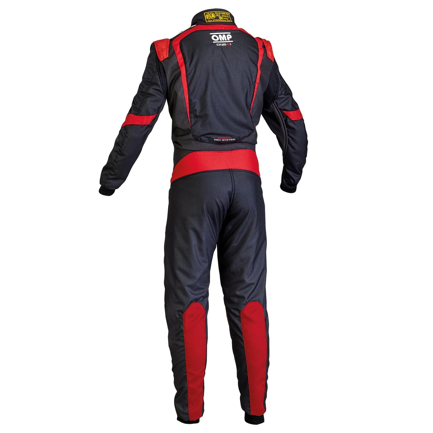 Back view of OMP ONE-S1 black and red kart racing suit showing comfort padding, stretch zones, and racer-fit tailoring.