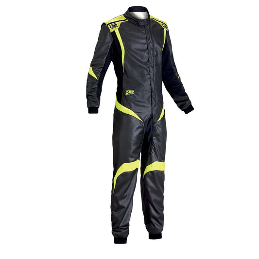 Black racing suit with yellow accents. Front view of OMP ONE-S1 kart racing suit with premium lightweight construction and professional racing design.