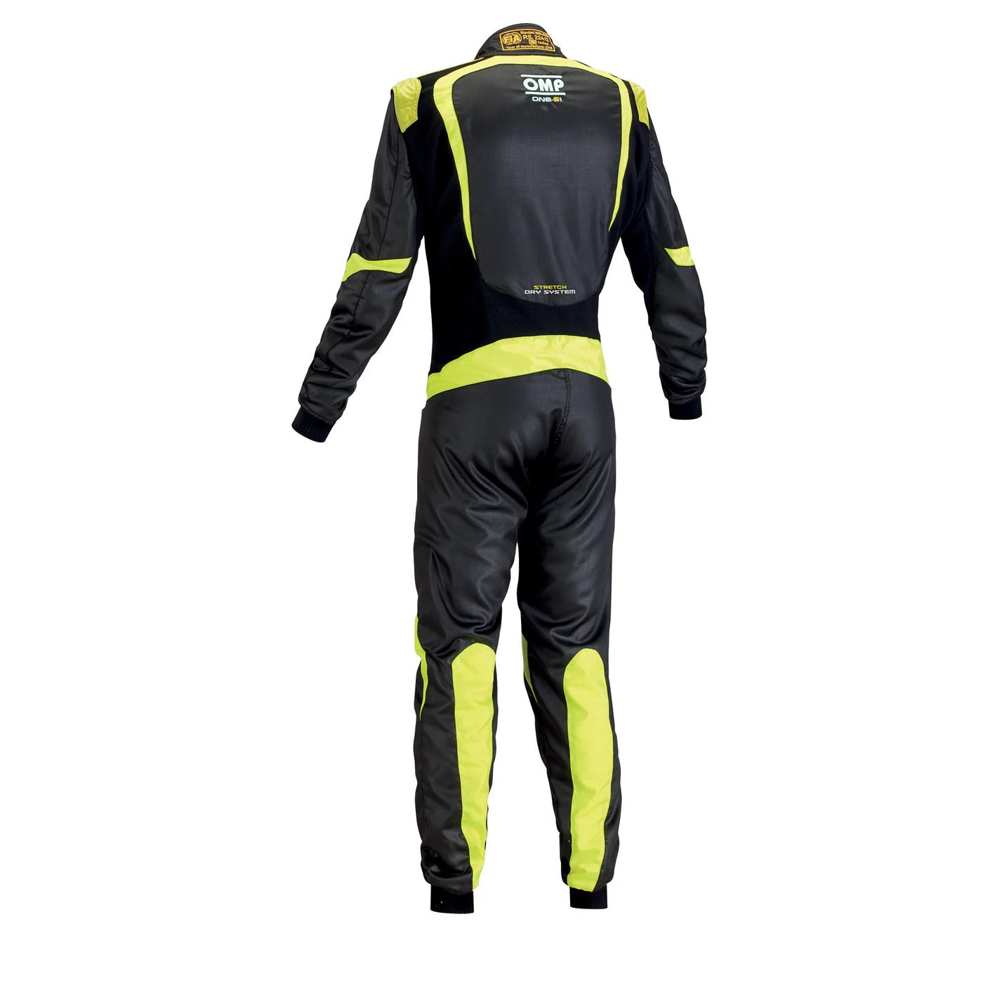 Black and yellow racing suit. Back view of the OMP ONE-S1 kart racing suit, featuring stretch panels, reinforced seams, and an ergonomic cut.
