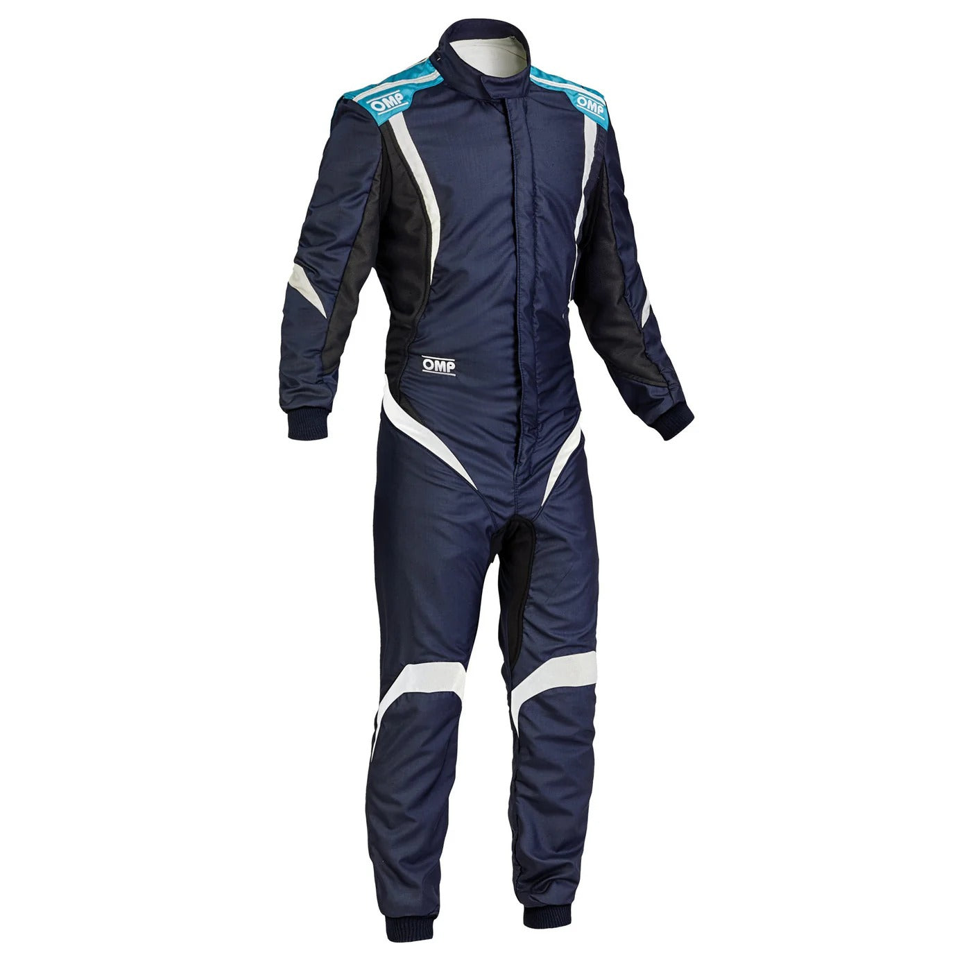 Front view of OMP ONE-S1 blue kart racing suit featuring premium lightweight material, vibrant blue color, and racing-inspired styling.