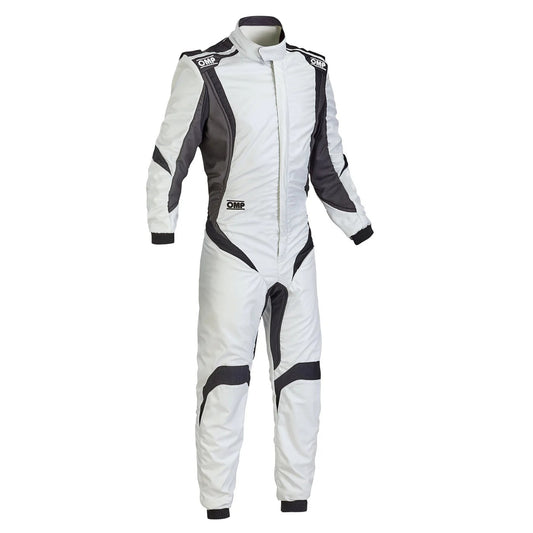 Front view of OMP ONE-S1 white kart racing suit with lightweight design, clean aesthetic, and comfortable professional fit.