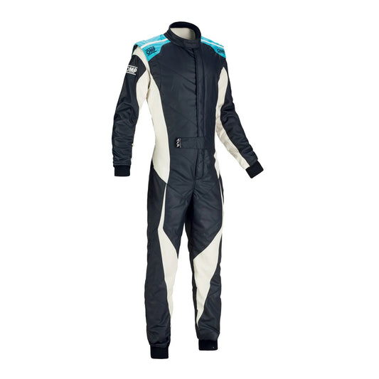 Black and white racing suit with blue accents. Front view of OMP TECNICA EVO go-kart race suit in black and white colorway with advanced karting fit and modern design."