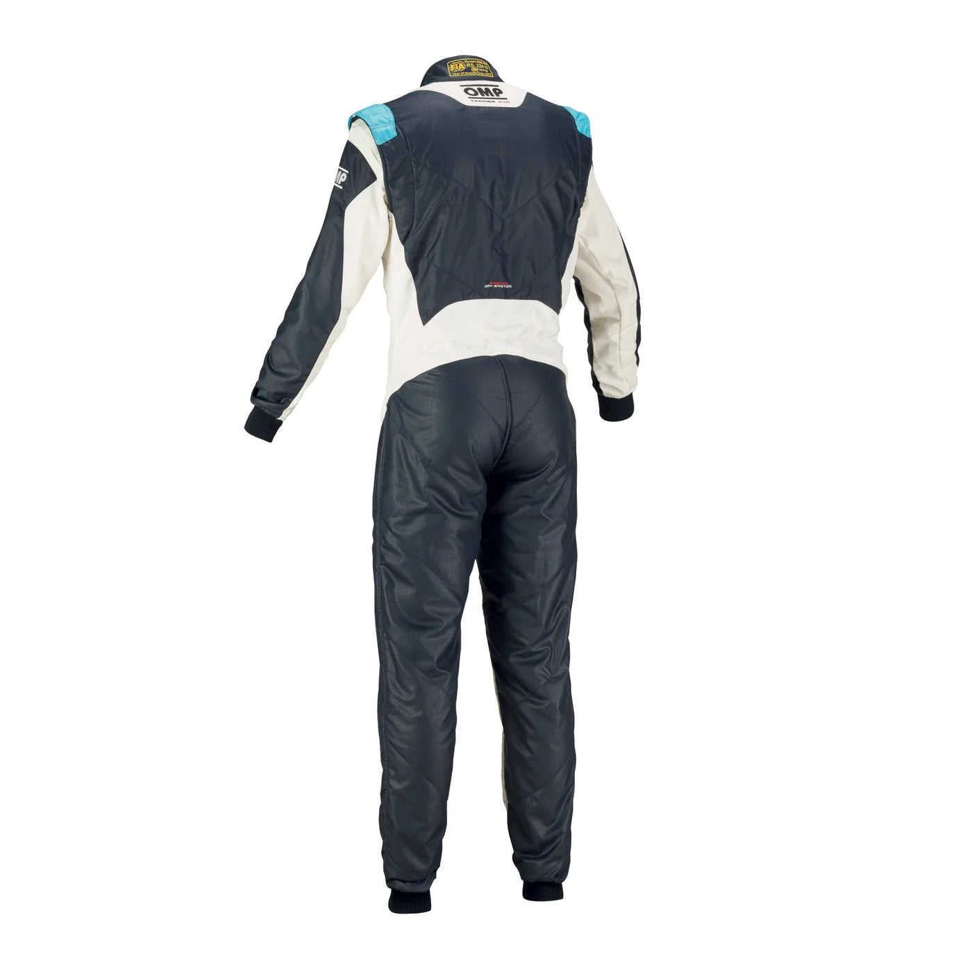 Racing suit with a black and white design. Back view of OMP TECNICA EVO go-kart race suit, black and white edition, showing stretch zones and reinforced stitching.